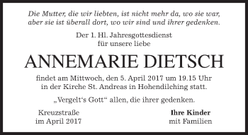 Traueranzeige von Annemarie Dietsch von merkurtz