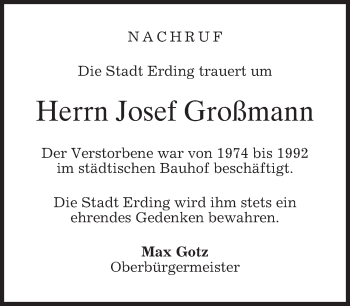 Traueranzeige von Josef Großmann von merkurtz