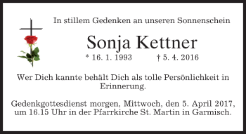 Traueranzeige von Sonja Kettner von merkurtz
