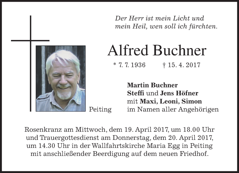  Traueranzeige für Alfred Buchner vom 19.04.2017 aus merkurtz