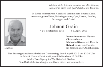 Traueranzeige von Johann Grain von merkurtz