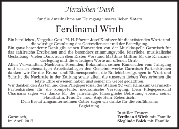 Traueranzeige von Ferdinand Wirth von merkurtz