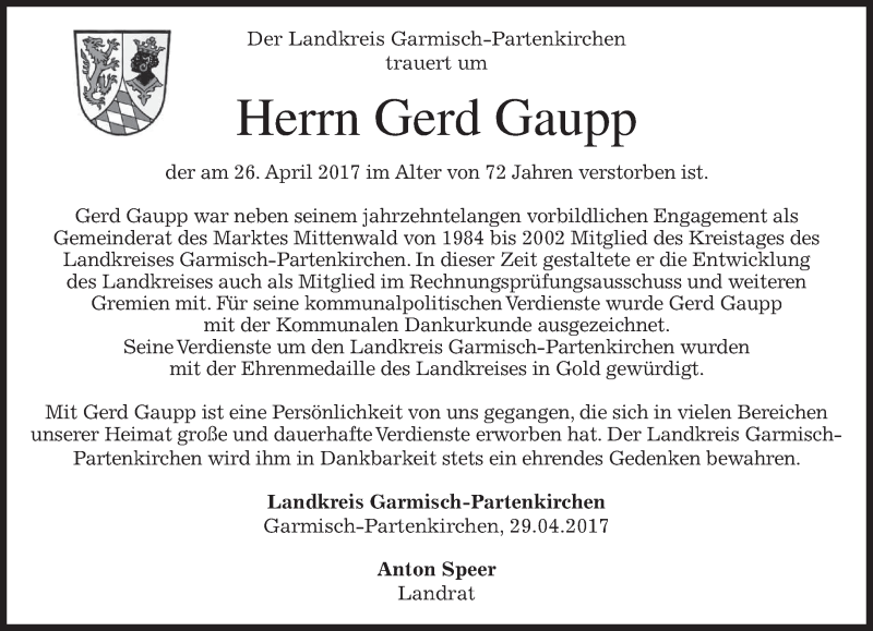  Traueranzeige für Gerd Gaupp vom 29.04.2017 aus merkurtz