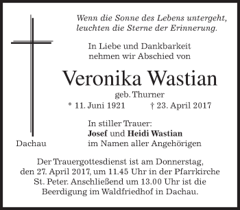 Traueranzeige von Veronika Wastian von merkurtz