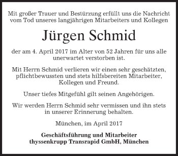 Traueranzeige von Jürgen Schmid von merkurtz