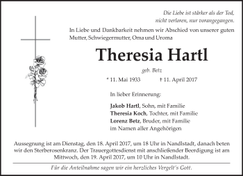 Traueranzeige von Theresia Hartl von merkurtz