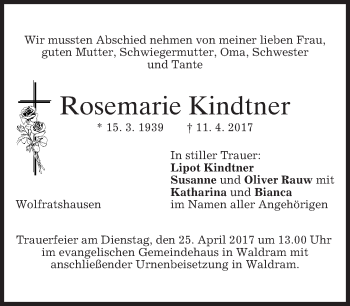Traueranzeige von Rosemarie Kindtner von merkurtz