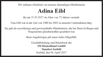 Traueranzeige von Adina Eibl von merkurtz