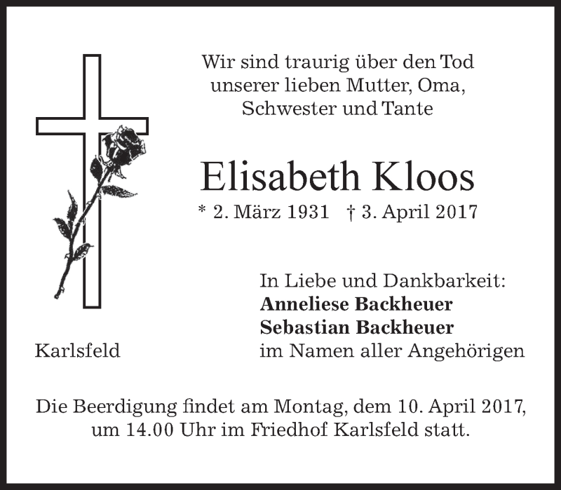  Traueranzeige für Elisabeth Kloos vom 07.04.2017 aus merkurtz