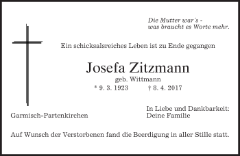 Traueranzeige von Josefa Zitzmann von merkurtz