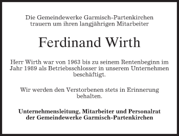 Traueranzeige von Ferdinand Wirth von merkurtz