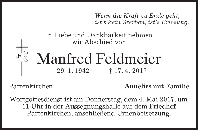  Traueranzeige für Manfred Feldmeier vom 29.04.2017 aus merkurtz