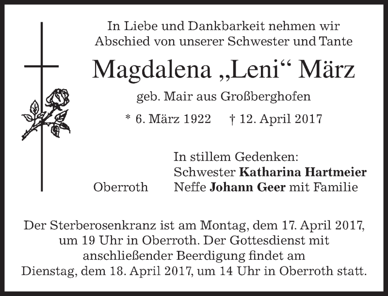  Traueranzeige für Magdalena März vom 15.04.2017 aus merkurtz