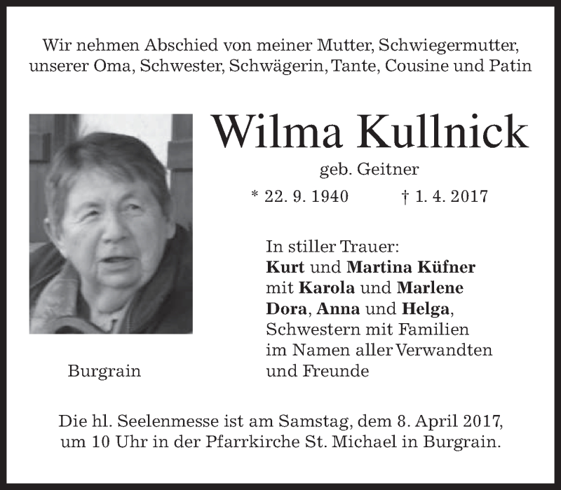  Traueranzeige für Wilma Kullnick vom 05.04.2017 aus merkurtz