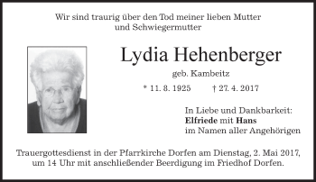 Traueranzeige von Lydia Hehenberger von merkurtz