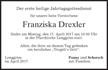 Traueranzeige von Franziska Drexler von merkurtz