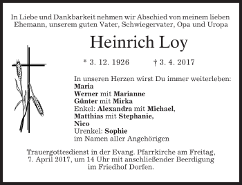 Traueranzeige von Heinrich Loy von merkurtz