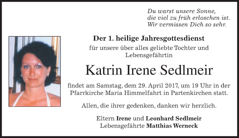  Traueranzeige für Katrin Irene Sedlmeir vom 26.04.2017 aus merkurtz