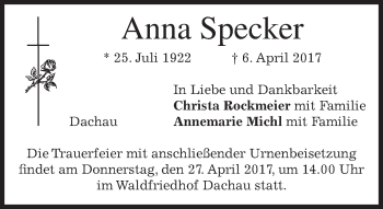 Traueranzeige von Anna Specker von merkurtz