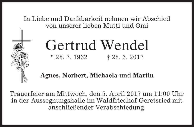  Traueranzeige für Gertrud Wendel vom 01.04.2017 aus merkurtz