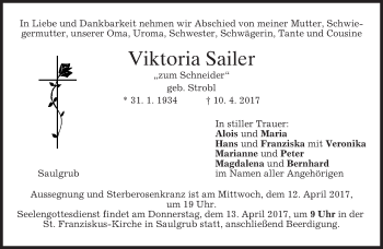 Traueranzeige von Viktoria Sailer von merkurtz