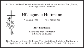 Traueranzeige von Hildegunde Huttmann von merkurtz