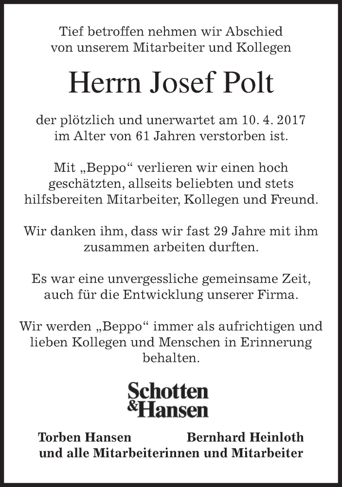  Traueranzeige für Josef Polt vom 21.04.2017 aus merkurtz