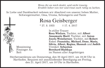 Traueranzeigen von Rosa Geisberger | trauer.merkur.de