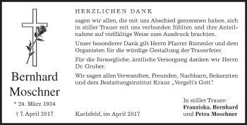 Traueranzeige von Bernhard Moschner von merkurtz