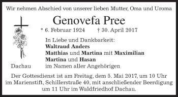 Traueranzeige von Genovefa Pree von merkurtz