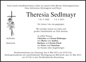 Traueranzeige von Theresia Sedlmayr von merkurtz