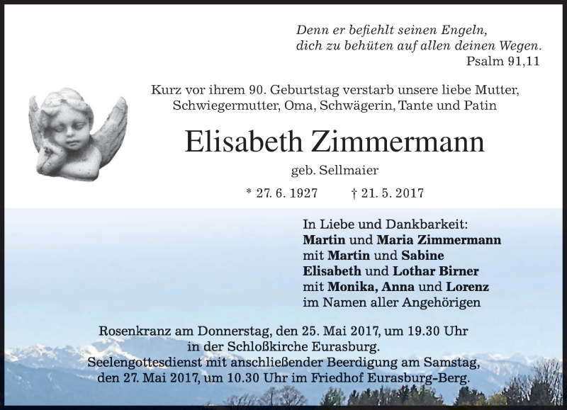  Traueranzeige für Elisabeth Zimmermann vom 24.05.2017 aus merkurtz