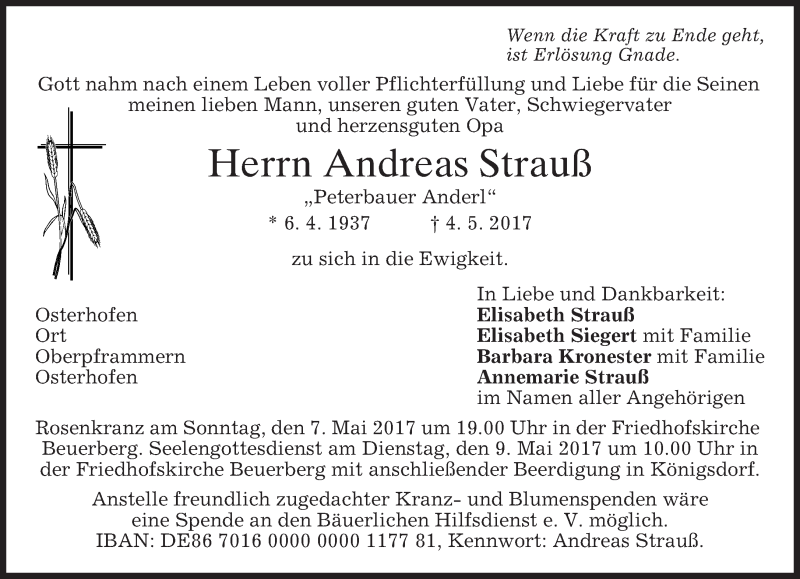  Traueranzeige für Andreas Strauß vom 06.05.2017 aus merkurtz