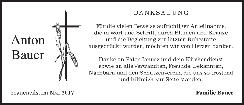  Traueranzeige für Anton Bauer vom 27.05.2017 aus merkurtz