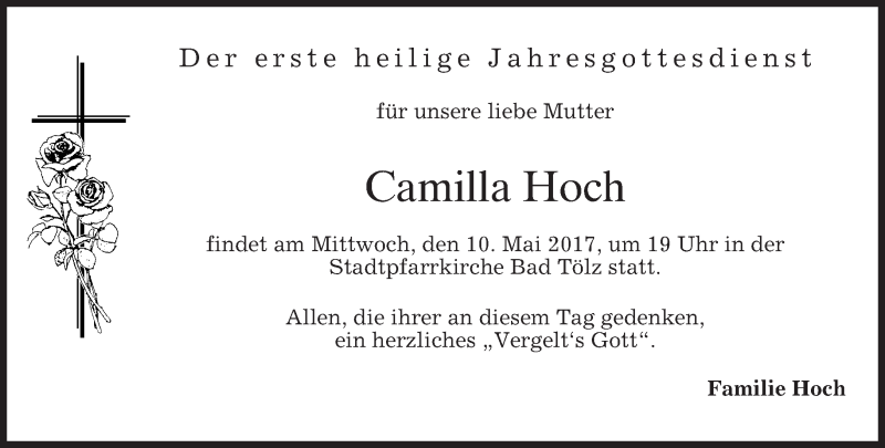  Traueranzeige für Camilla Hoch vom 06.05.2017 aus merkurtz