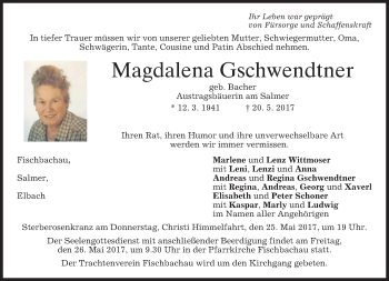 Traueranzeige von Magdalena Gschwendtner von merkurtz