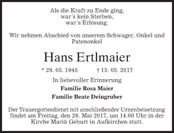 Traueranzeige von Hans Ertlmaier von merkurtz