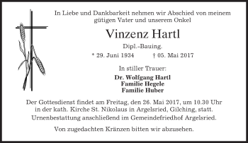 Traueranzeige von Vinzenz Hartl von merkurtz