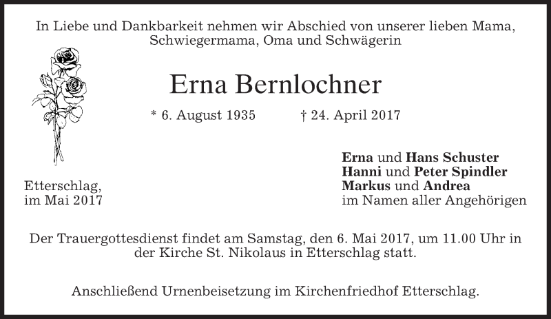 Traueranzeige für Erna Bernlochner vom 03.05.2017 aus merkurtz