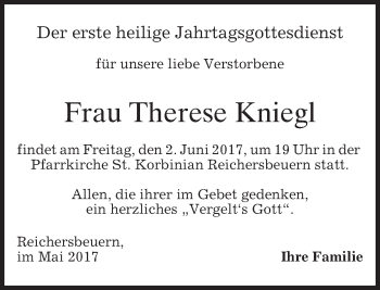 Traueranzeige von Therese Kniegl von merkurtz
