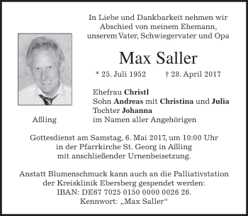 Traueranzeige von Max Saller von merkurtz