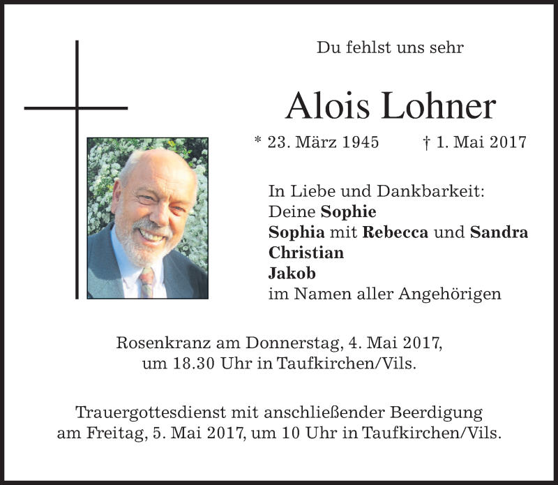  Traueranzeige für Alois Lohner vom 03.05.2017 aus merkurtz