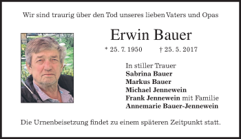Traueranzeige von Erwin Bauer von merkurtz