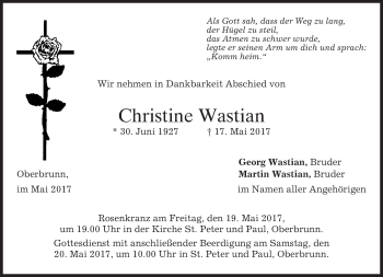 Traueranzeige von Christine Wastian von merkurtz