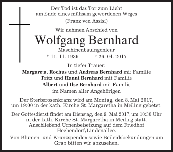 Traueranzeige von Wolfgang Bernhard von merkurtz