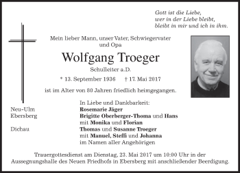 Traueranzeige von Wolfgang Troeger von merkurtz