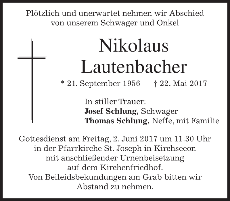  Traueranzeige für Nikolaus Lautenbacher vom 27.05.2017 aus merkurtz