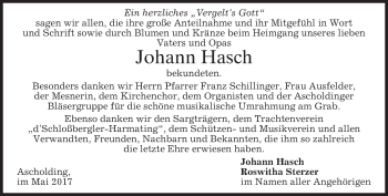 Traueranzeige von Johann Hasch von merkurtz