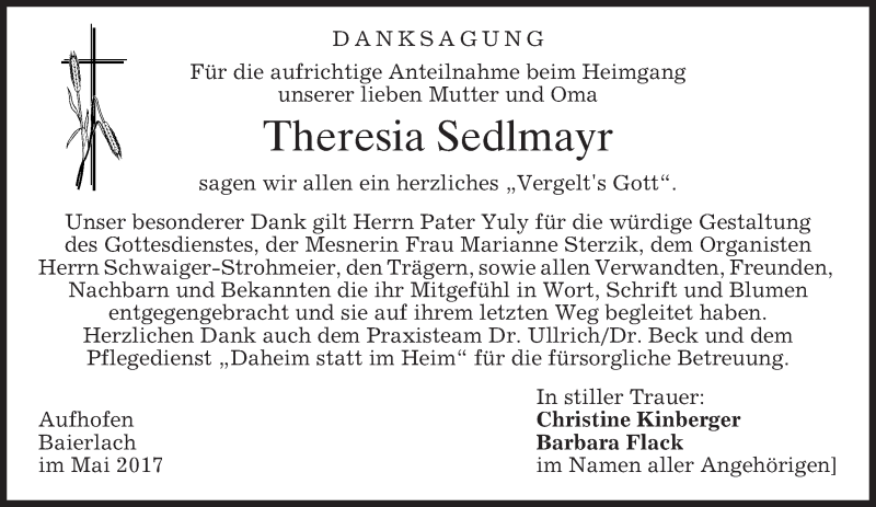  Traueranzeige für Theresia Sedlmayr vom 20.05.2017 aus merkurtz
