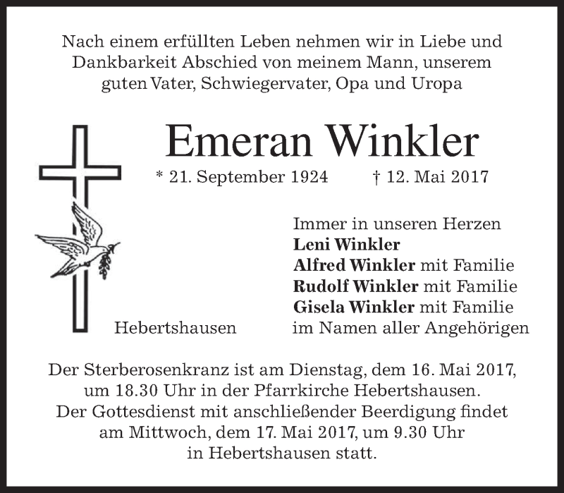  Traueranzeige für Emeran Winkler vom 15.05.2017 aus merkurtz